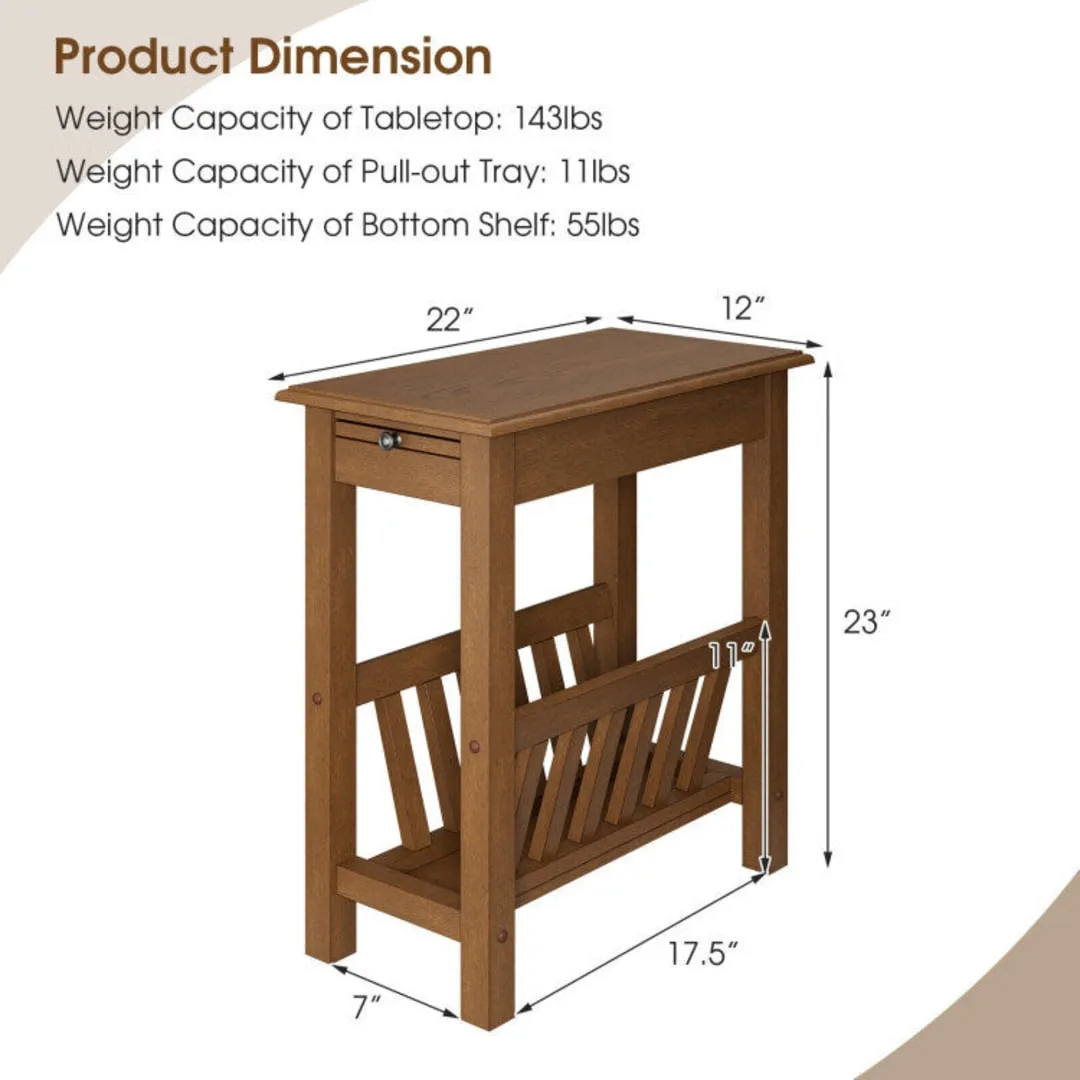 2-Tier Narrow End Table with Pull-out Tray and Solid Rubber Wood Legs