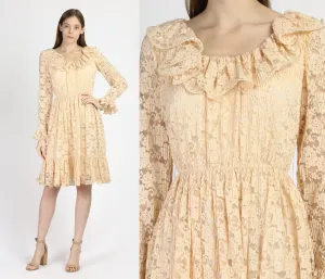 60s 70s Jack Bryan Peach Lace Ruffle Mini Dress - Extra Small