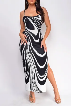 Abstract Print  Backless Tie Slit Slip Slit Midi Dress