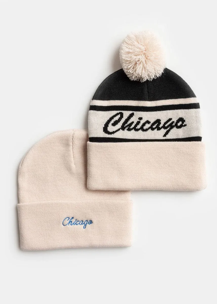 Adult Mad Hatter Chicago Pom Beanie - Black Script