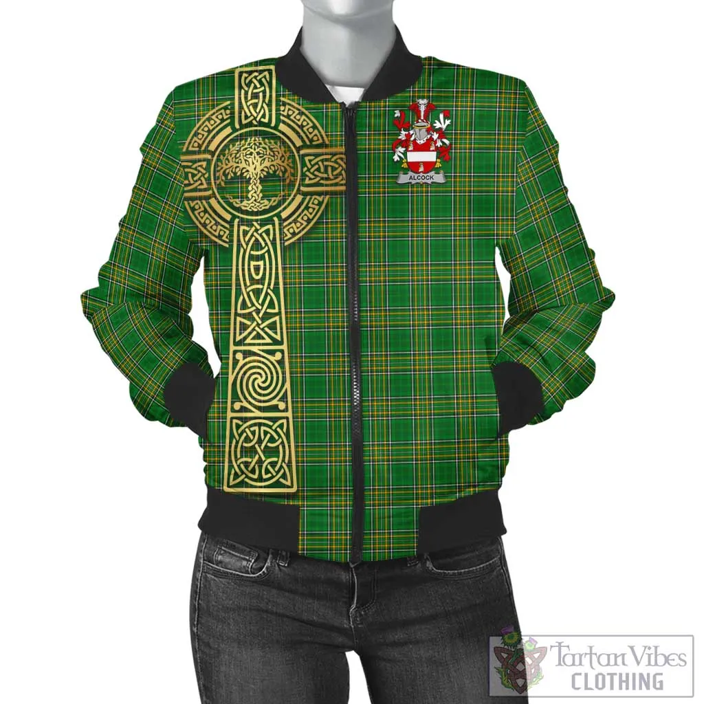 Alcock Irish Clan Tartan Bomber Jacket with Coat of Arms Celtic Tree of Life Style