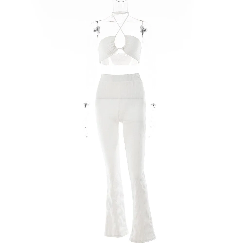 Amozae- Knit Ribbed Two Piece Set For Women   Halter Corset Tank Tops And Straight Pants Sets White Hollow Out Trouser Set