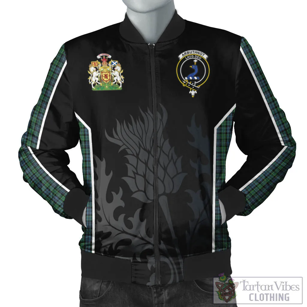 Arbuthnot Tartan Bomber Jacket with Family Crest and Scottish Thistle Vibes Sport Style