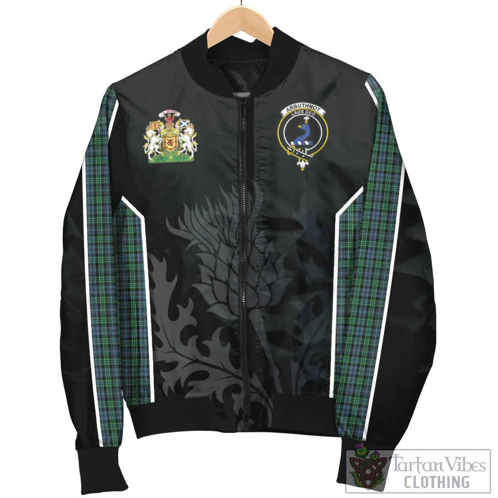 Arbuthnot Tartan Bomber Jacket with Family Crest and Scottish Thistle Vibes Sport Style