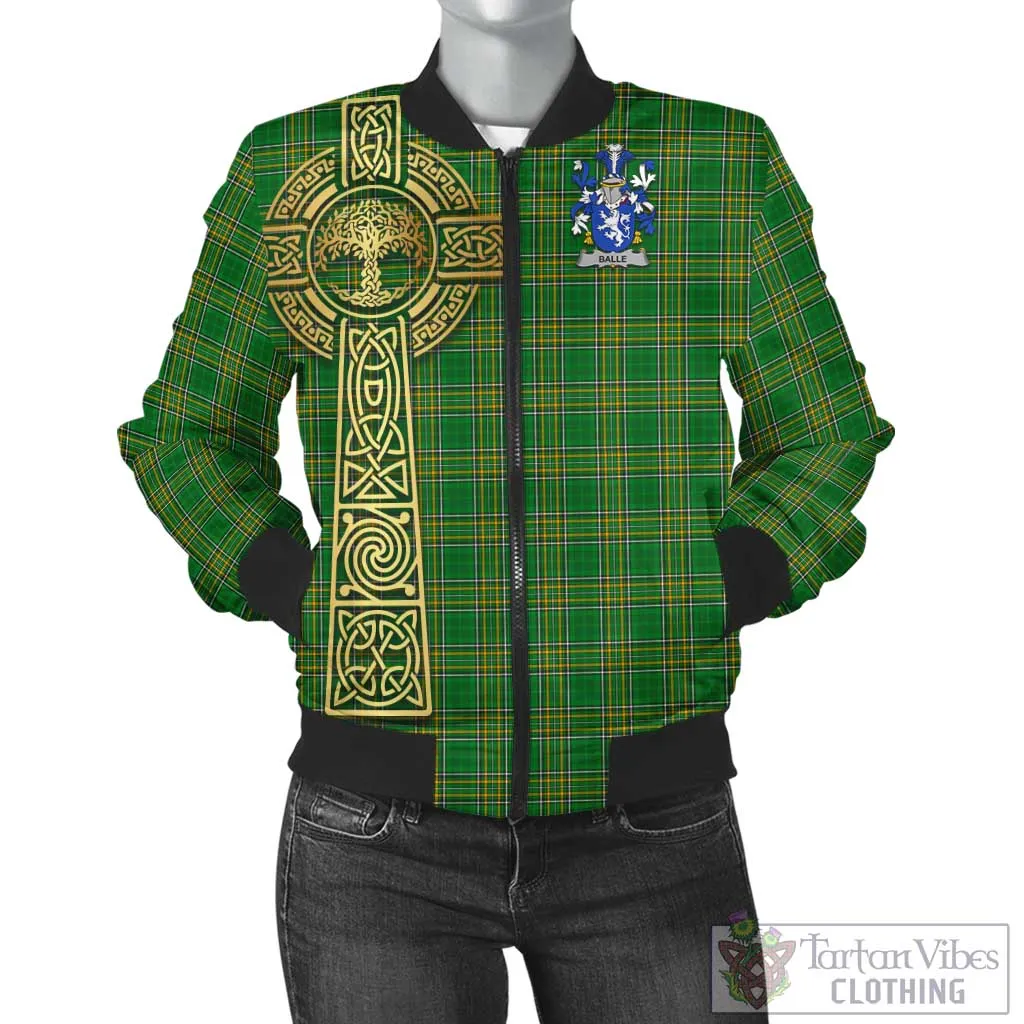 Balle Irish Clan Tartan Bomber Jacket with Coat of Arms Celtic Tree of Life Style