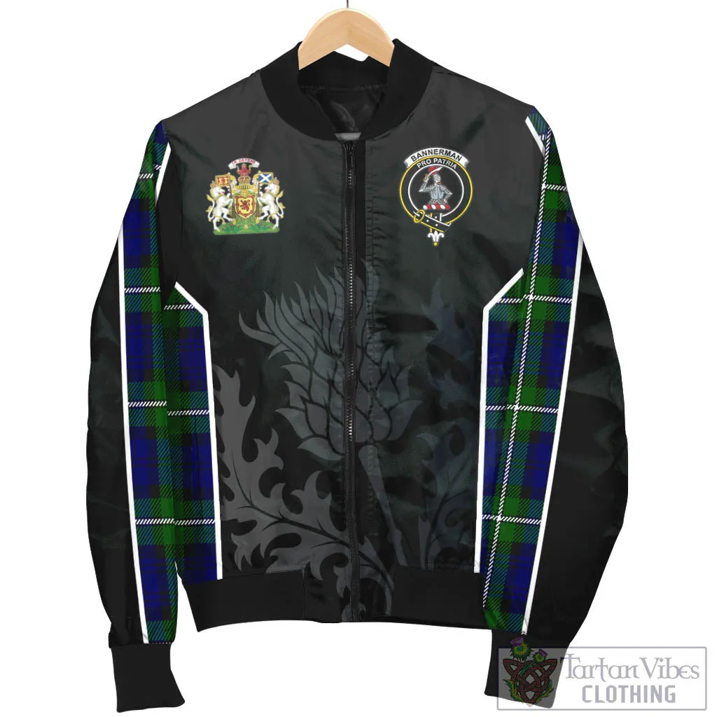 Bannerman Tartan Bomber Jacket with Family Crest and Scottish Thistle Vibes Sport Style