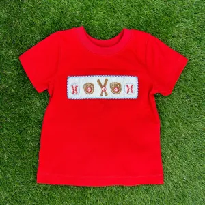 Baseball Smocked Boy Shirt in Red Knit