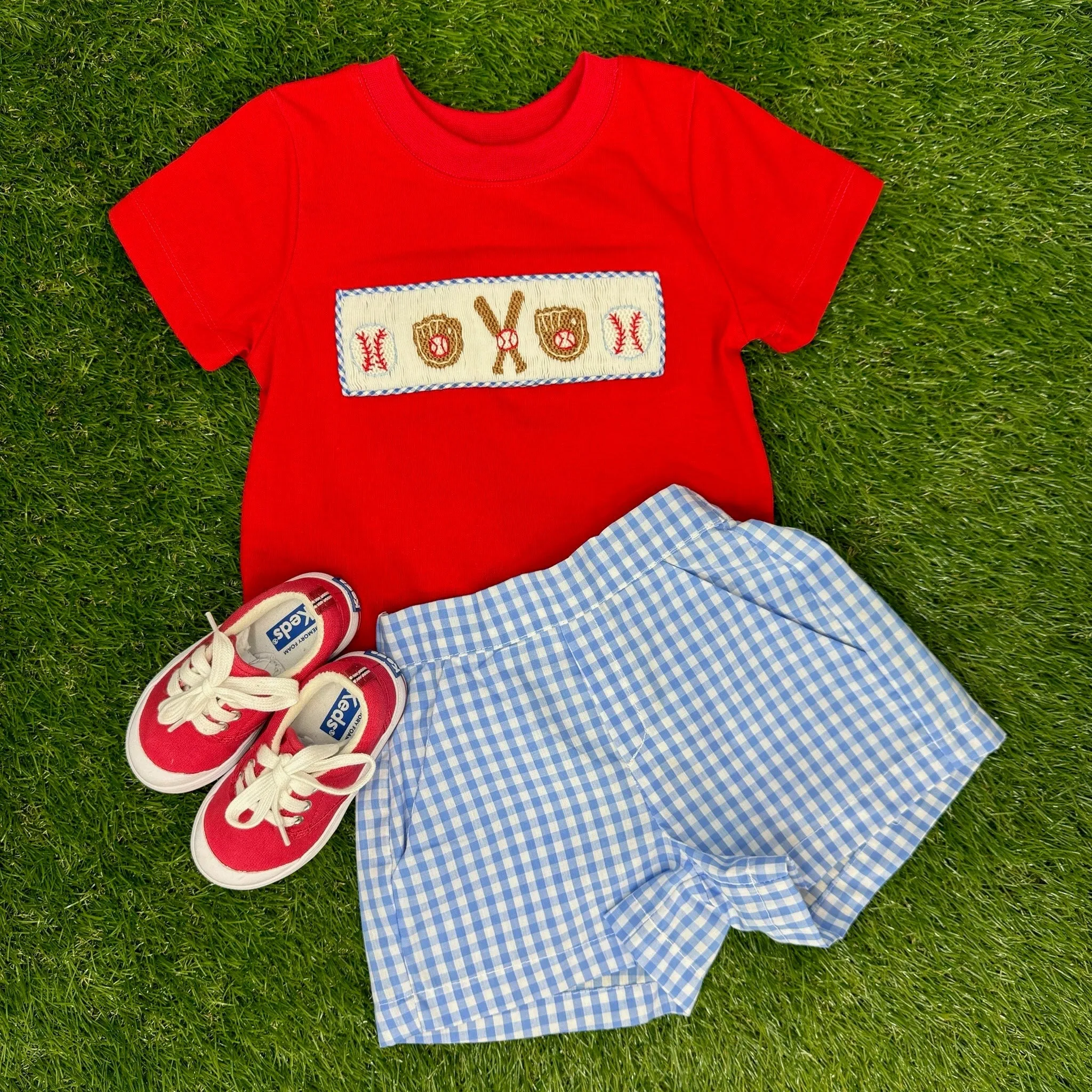 Baseball Smocked Boy Shirt in Red Knit