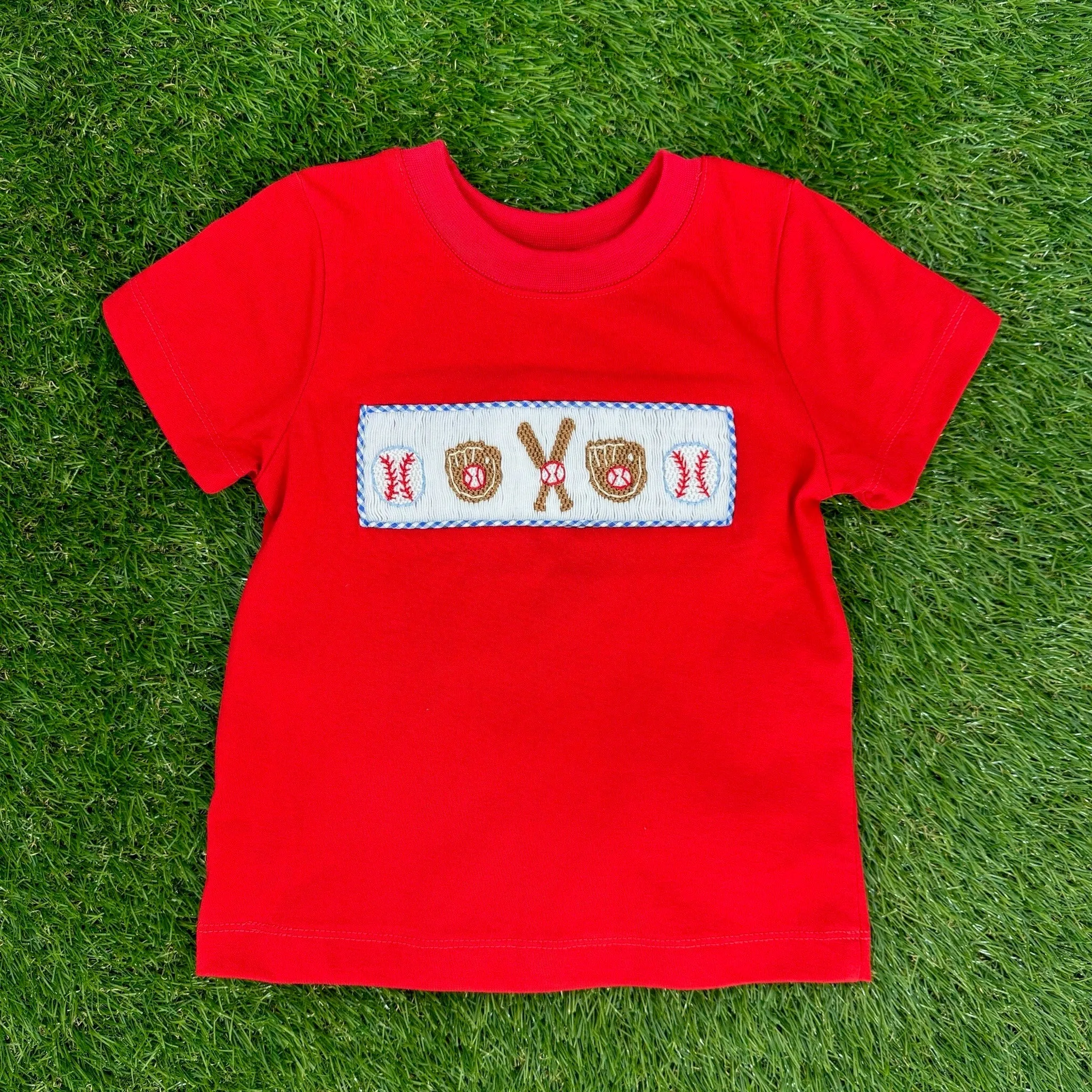 Baseball Smocked Boy Shirt in Red Knit