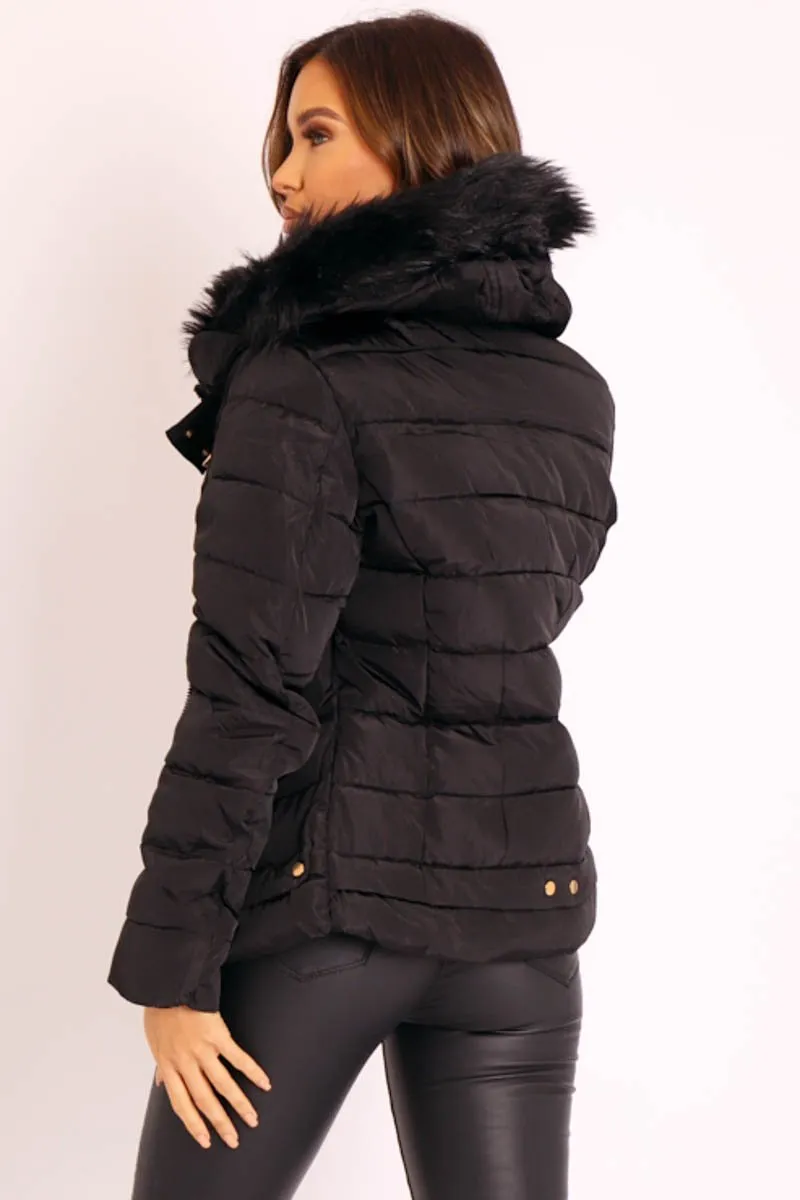 Black Faux Fur Trim Hood Padded Coat - Jessabelle