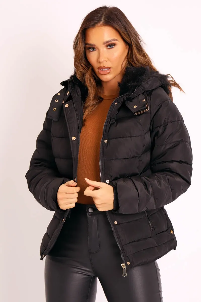 Black Faux Fur Trim Hood Padded Coat - Jessabelle