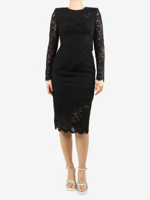 Black padded-shoulder gathered lace midi dress - size UK 10