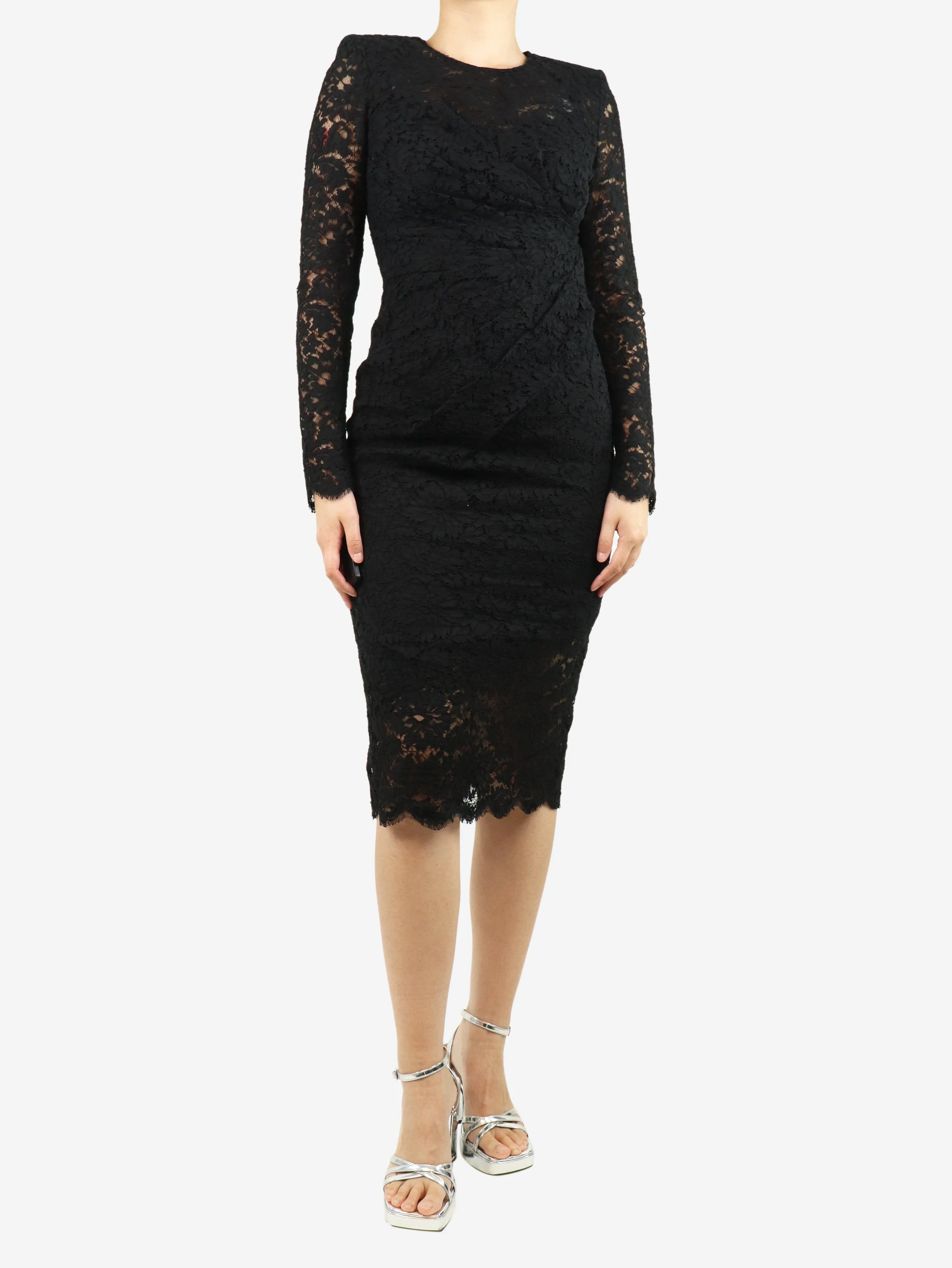 Black padded-shoulder gathered lace midi dress - size UK 10