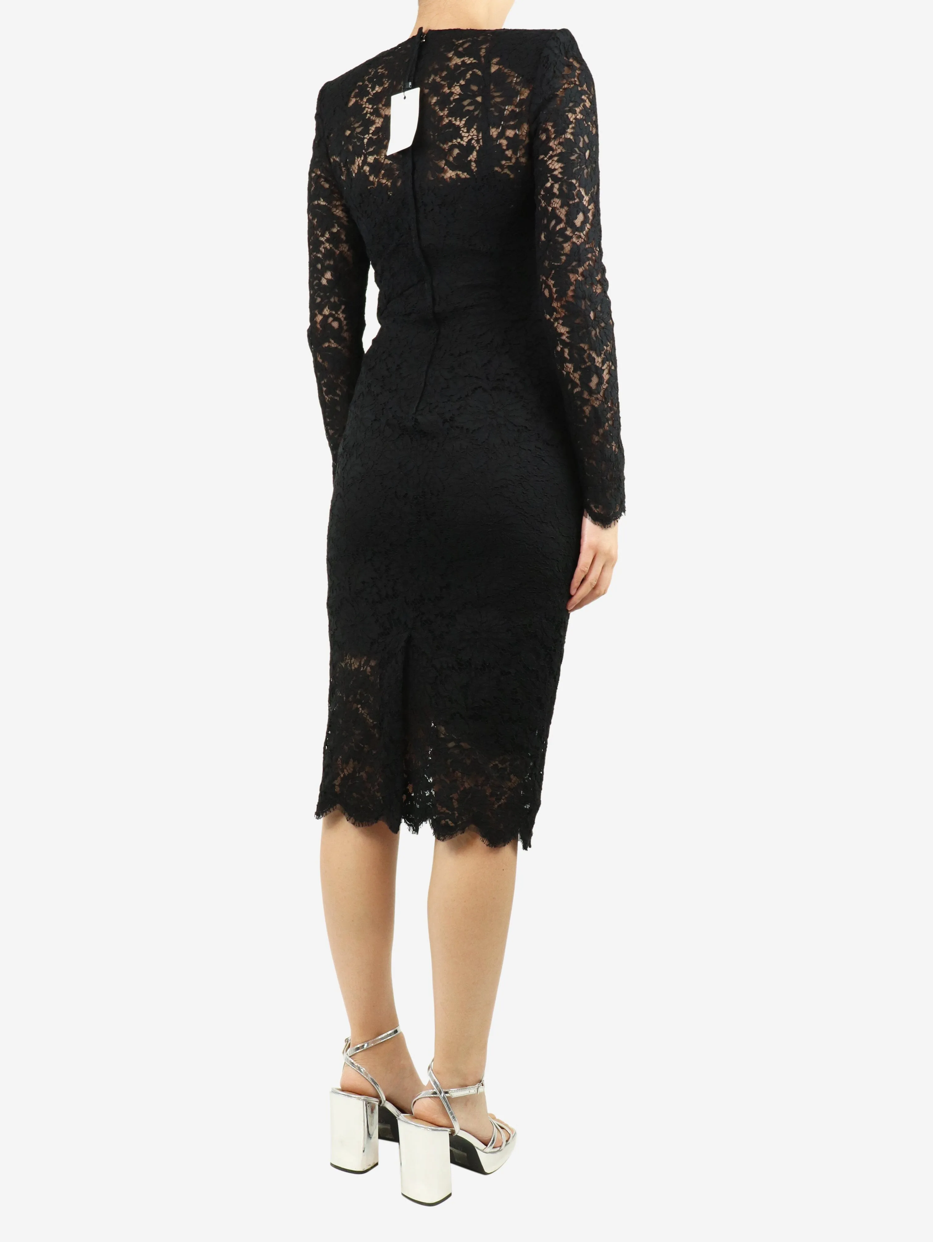 Black padded-shoulder gathered lace midi dress - size UK 10