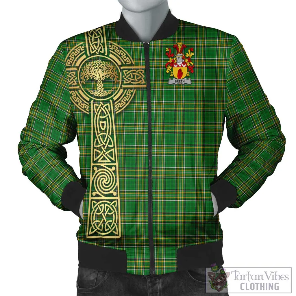 Breen Irish Clan Tartan Bomber Jacket with Coat of Arms Celtic Tree of Life Style