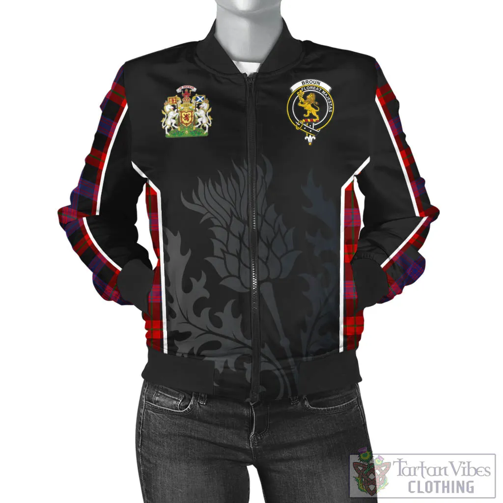 Broun Modern Tartan Bomber Jacket with Family Crest and Scottish Thistle Vibes Sport Style