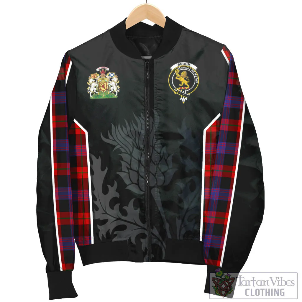 Broun Modern Tartan Bomber Jacket with Family Crest and Scottish Thistle Vibes Sport Style