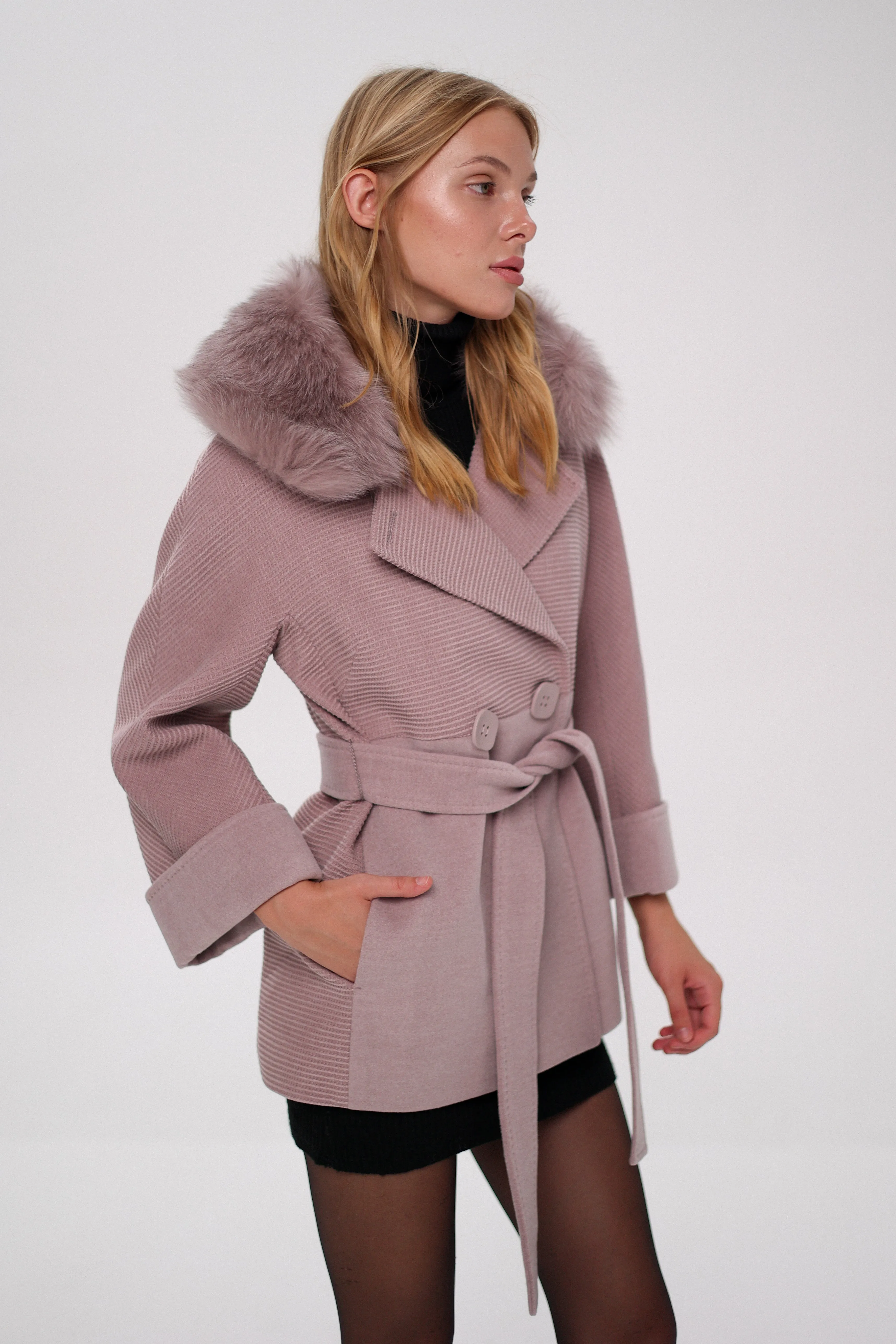 Chelsea Genuine Polar Fox Trim Cashmere Wool Coat