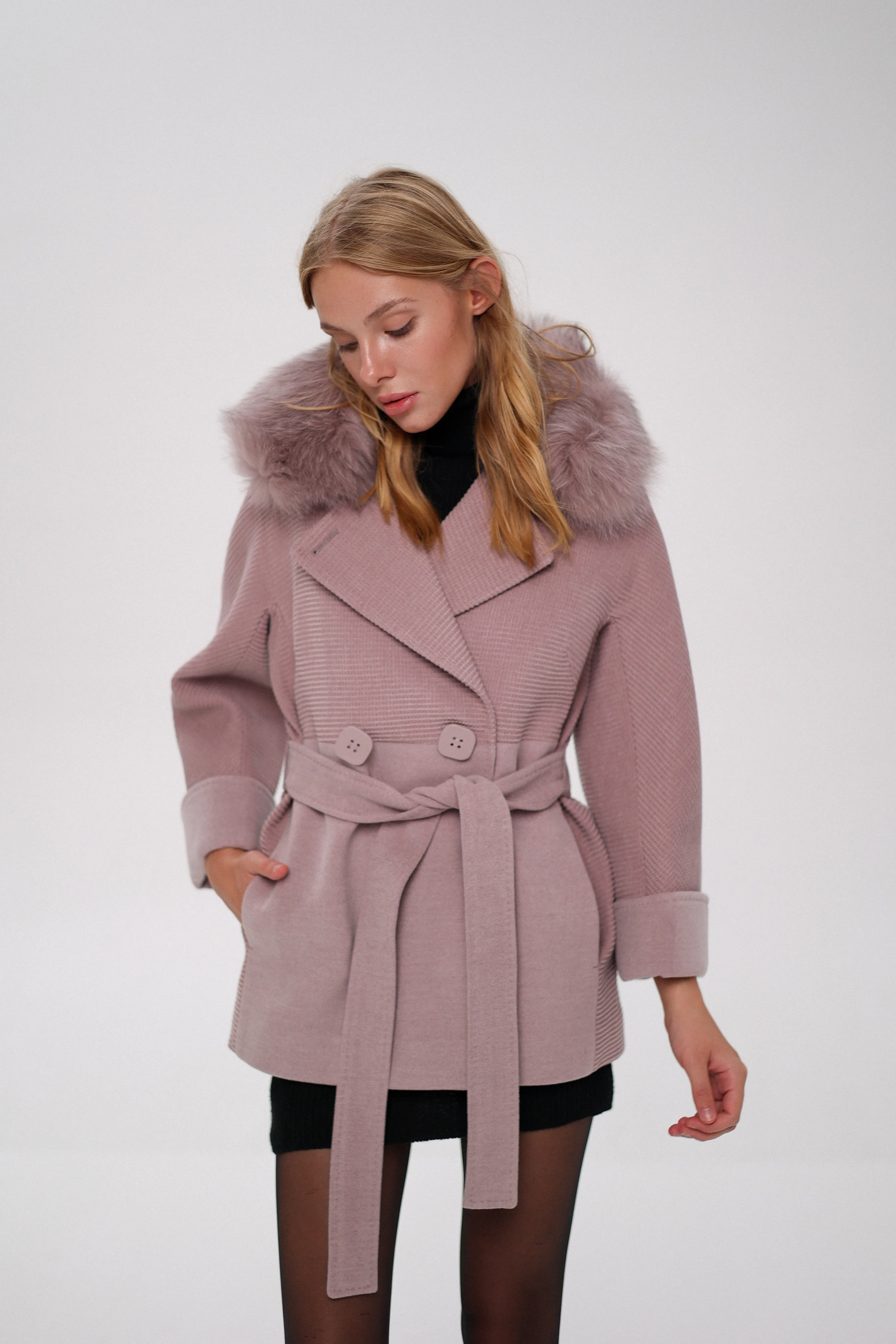 Chelsea Genuine Polar Fox Trim Cashmere Wool Coat