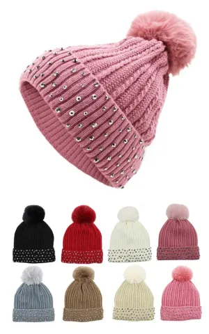 DBH3750 12pcs Beanie Hat Rhinestones Pompoms Knit Hat