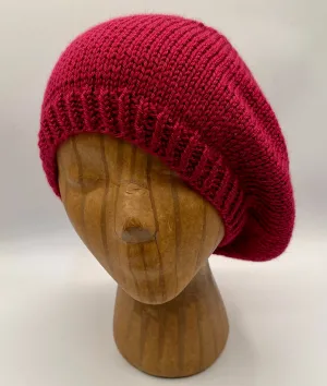 Fuschia Acrylic Stockinette Knit Slouch Hat