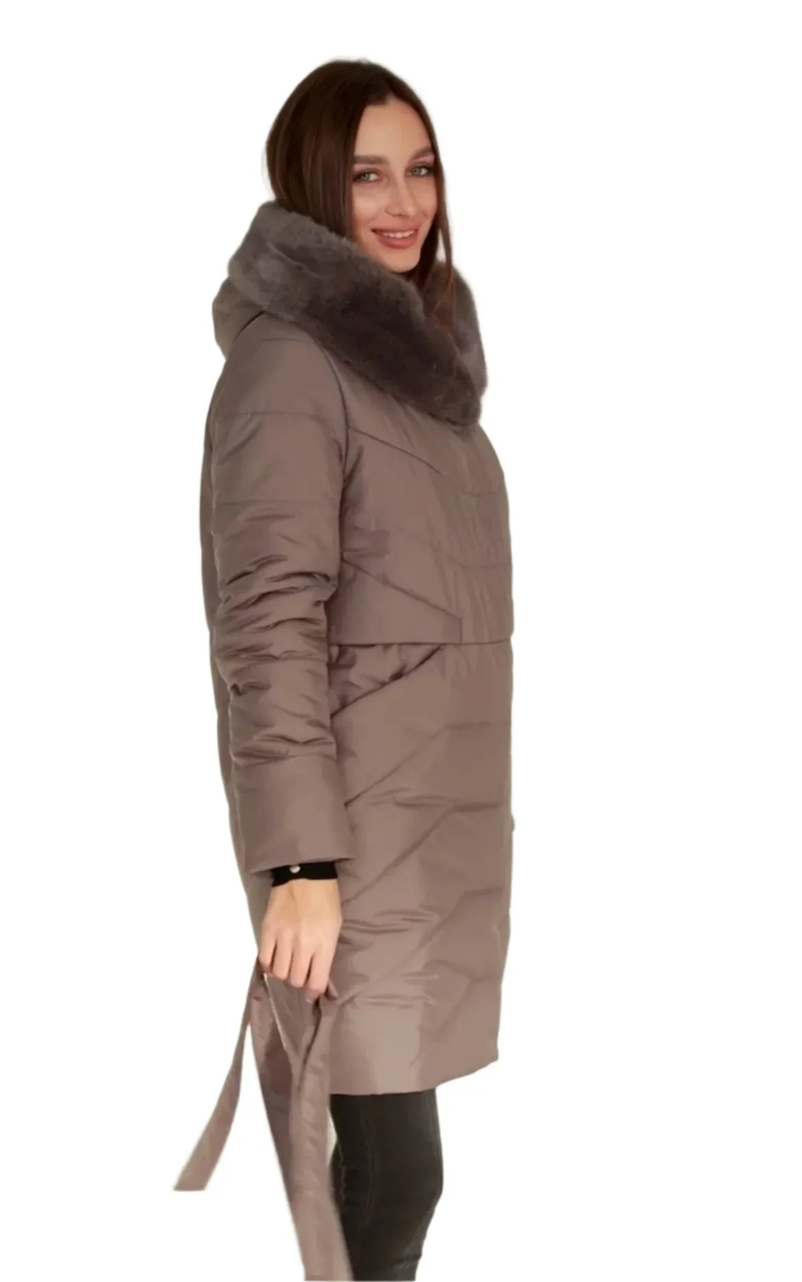 Genuine Mink Fur Trim Camel Wool Fill Coat