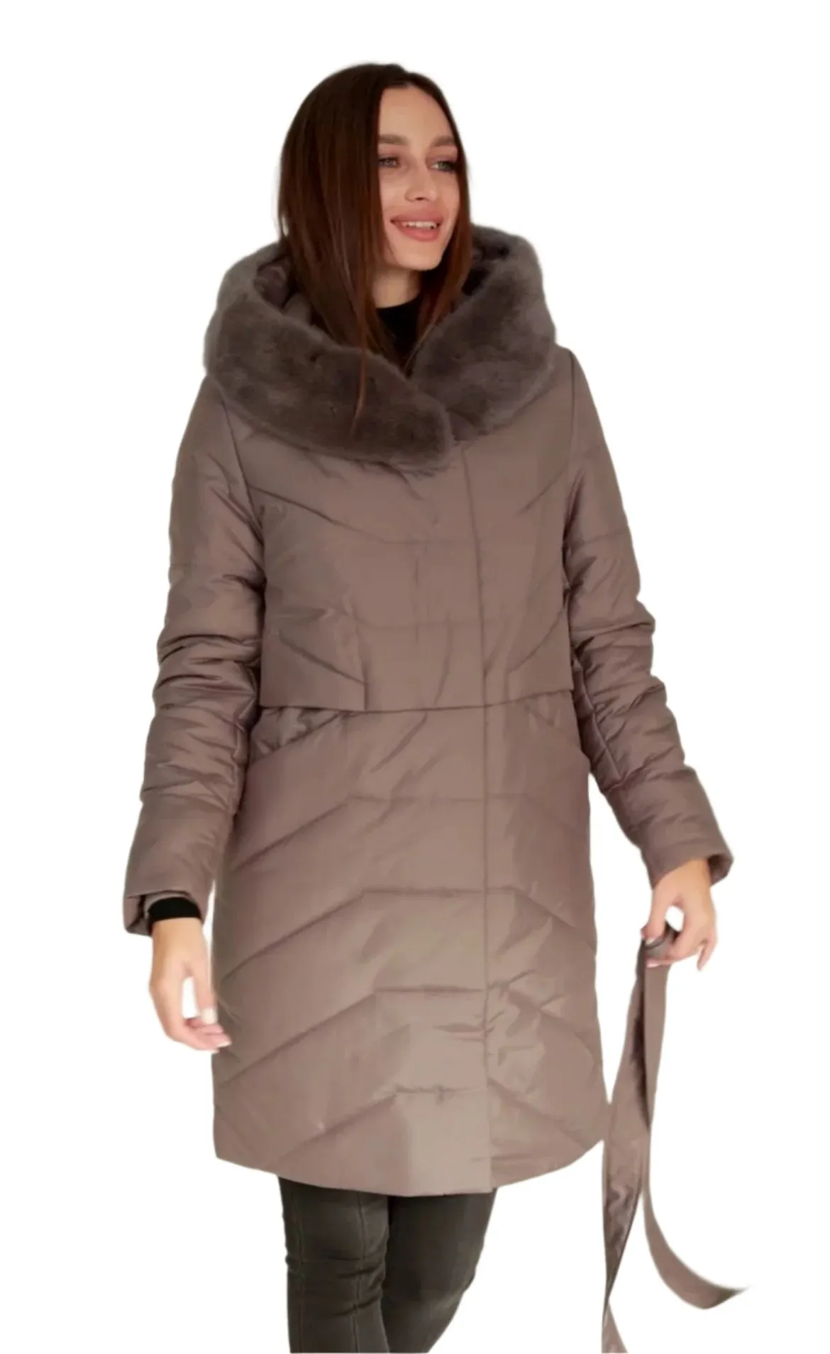 Genuine Mink Fur Trim Camel Wool Fill Coat