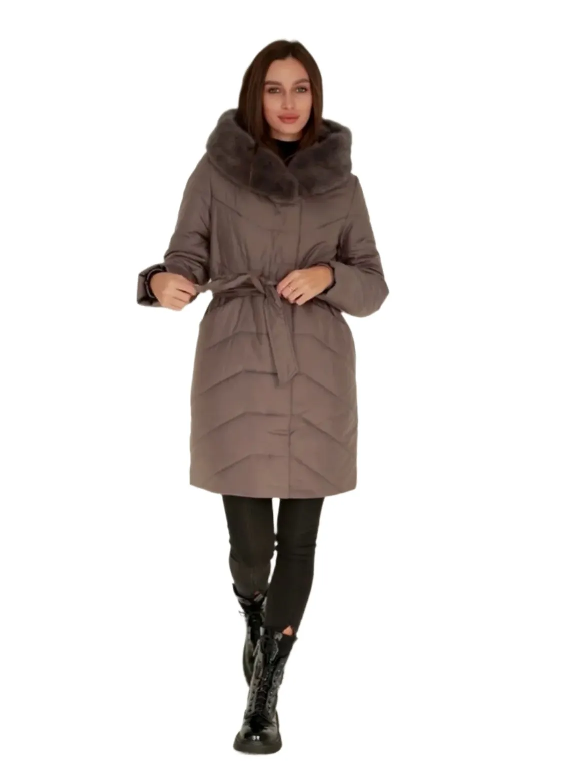 Genuine Mink Fur Trim Camel Wool Fill Coat