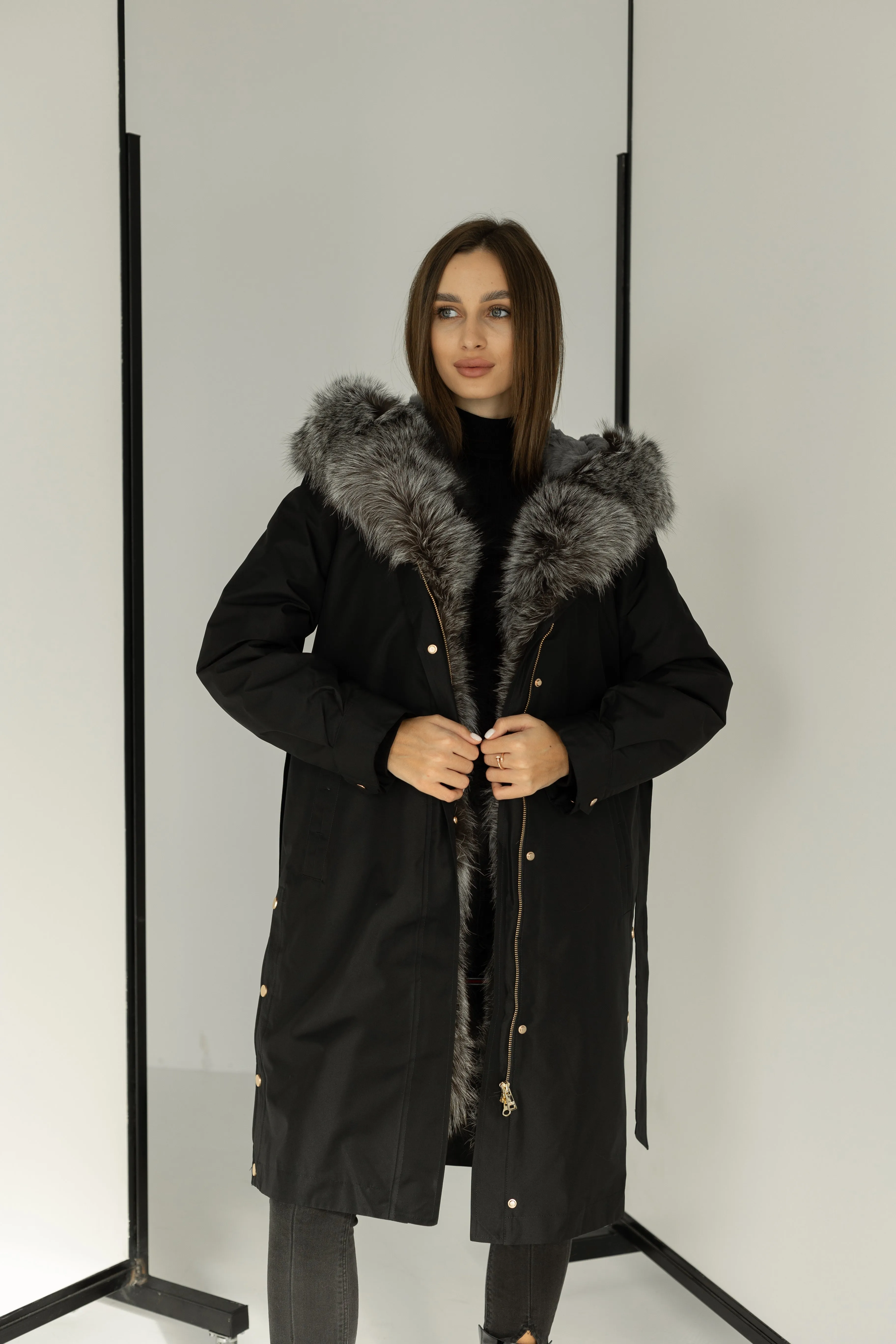 Genuine Silver Fox Fur Trim Rabbit Fur Insulated Parka