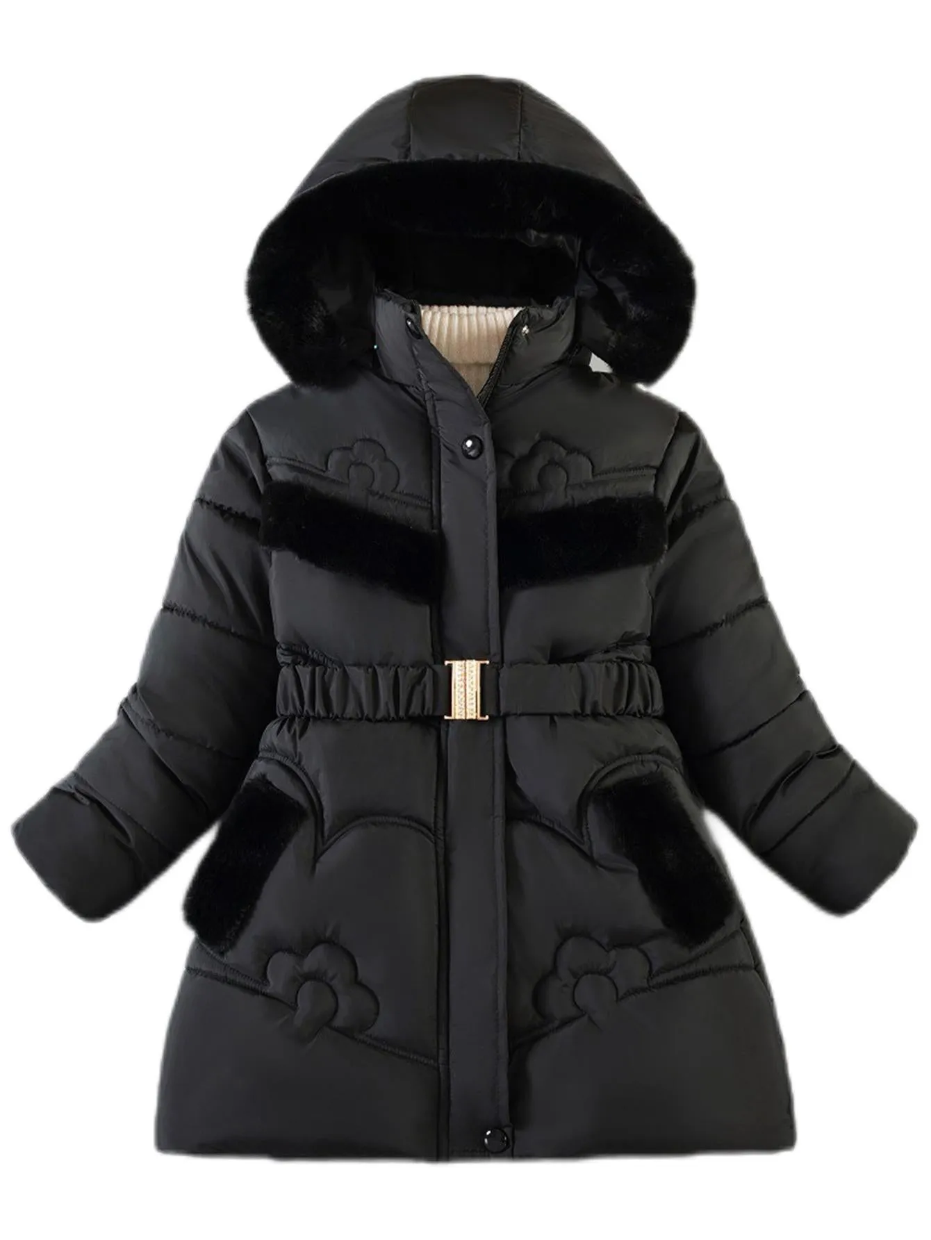 Girls' mid-length thickened rabbit fur trim cotton coat