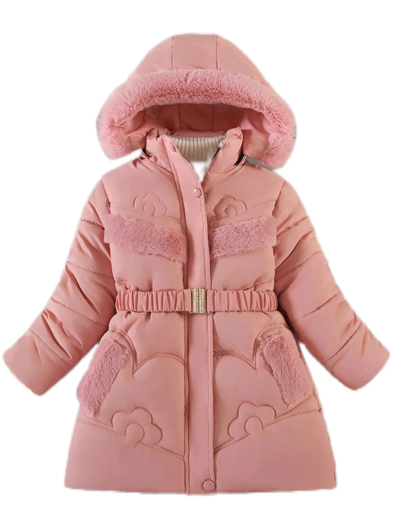 Girls' mid-length thickened rabbit fur trim cotton coat