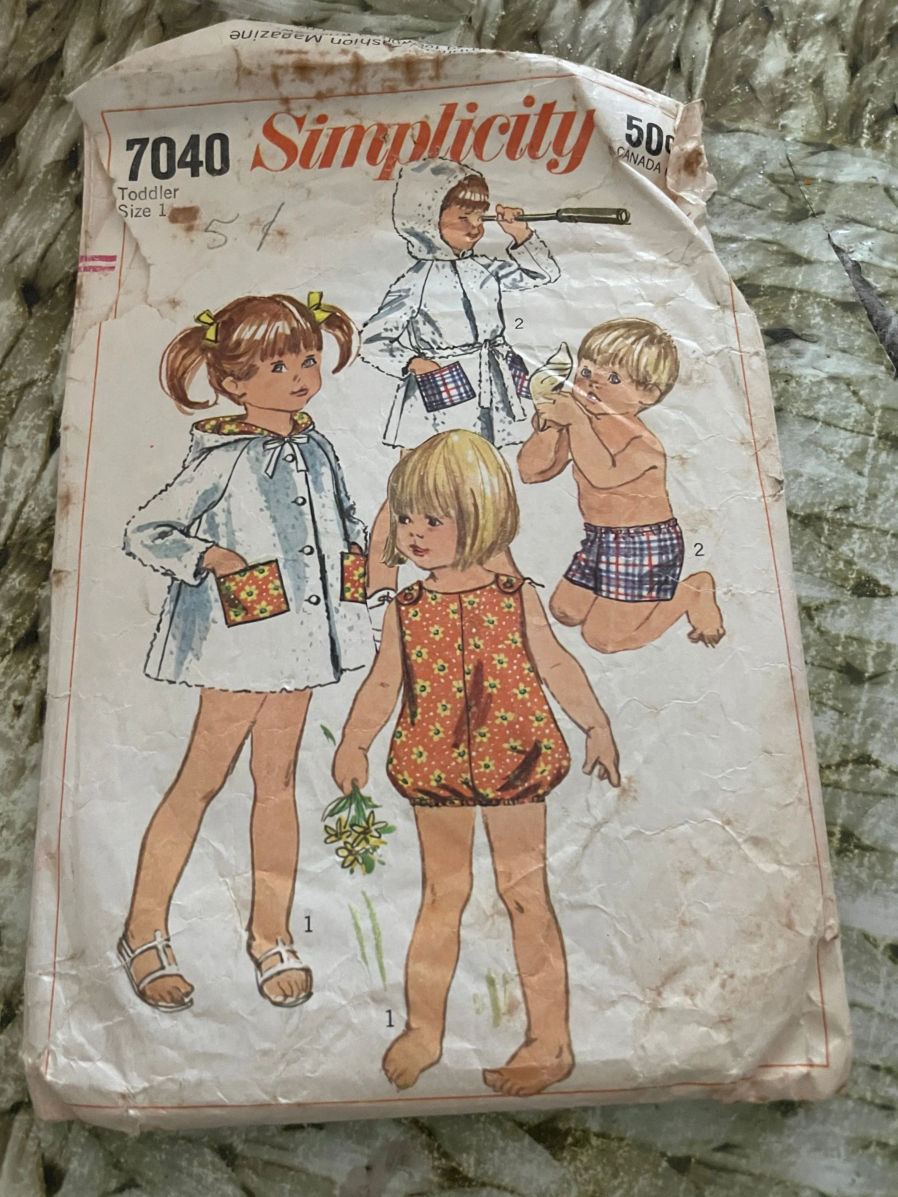 <€€ Set/3 Vintage Girls Size 1 Toddler Smock Dress Pants Romper Patterns 1960s 1970s