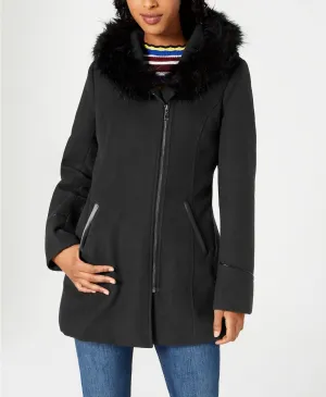 Maralyn & Me Juniors'  Faux-Fur-Trim Hooded Coat Black Size Small