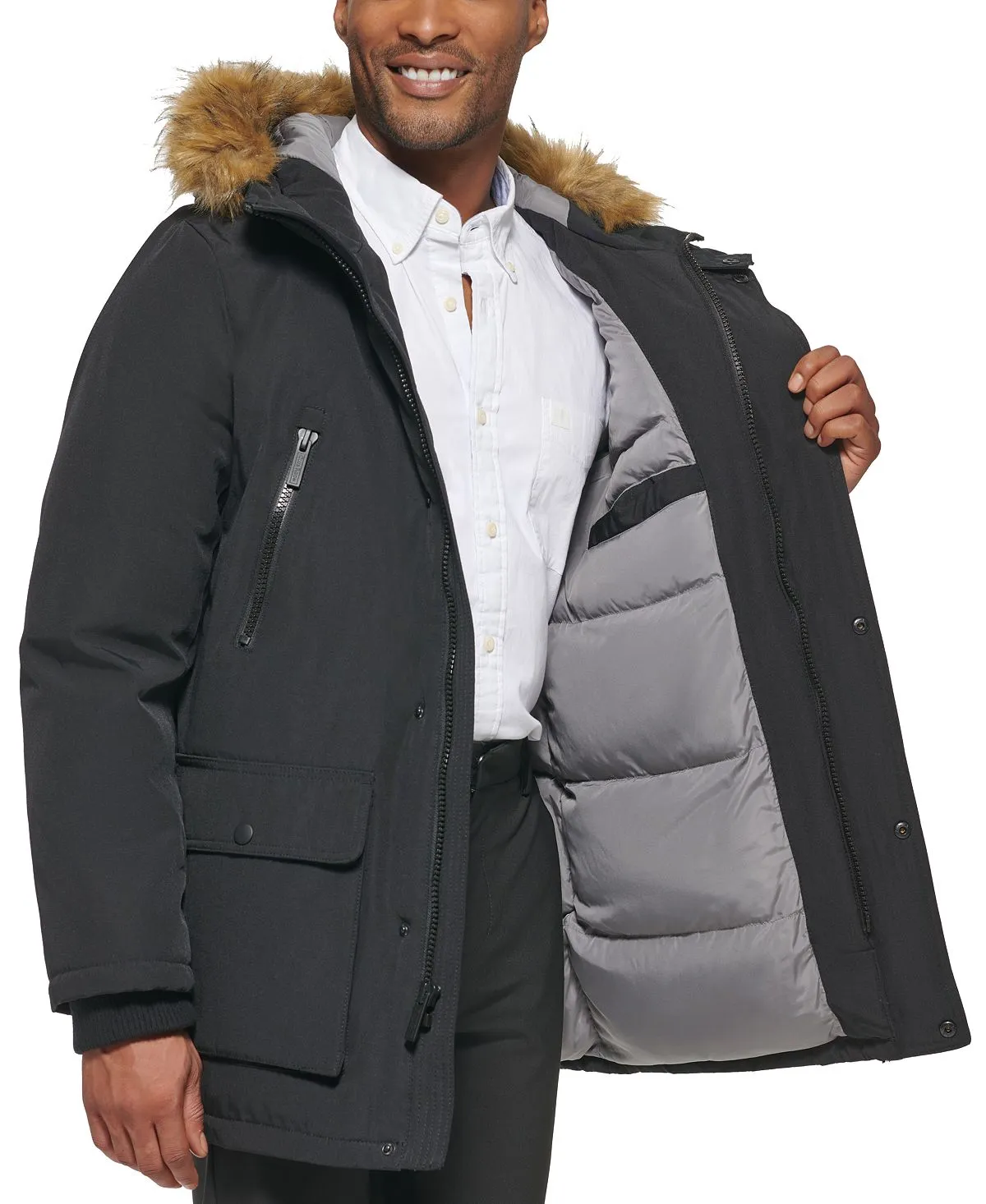 Men's parka with faux fur jacket on the hood created for Macy's Club Room, black