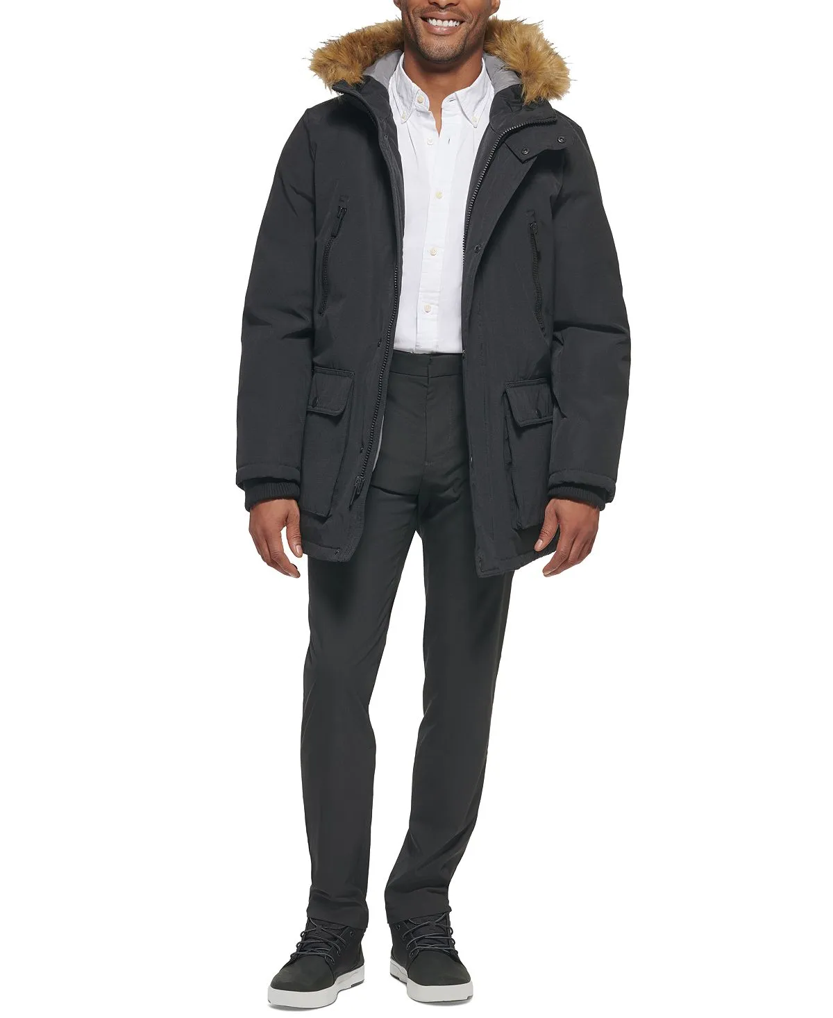 Men's parka with faux fur jacket on the hood created for Macy's Club Room, black