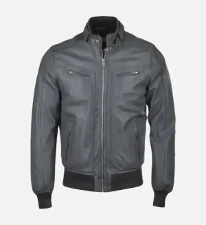 Men’s Snap Double Button Collar Grey Leather Bomber Jacket