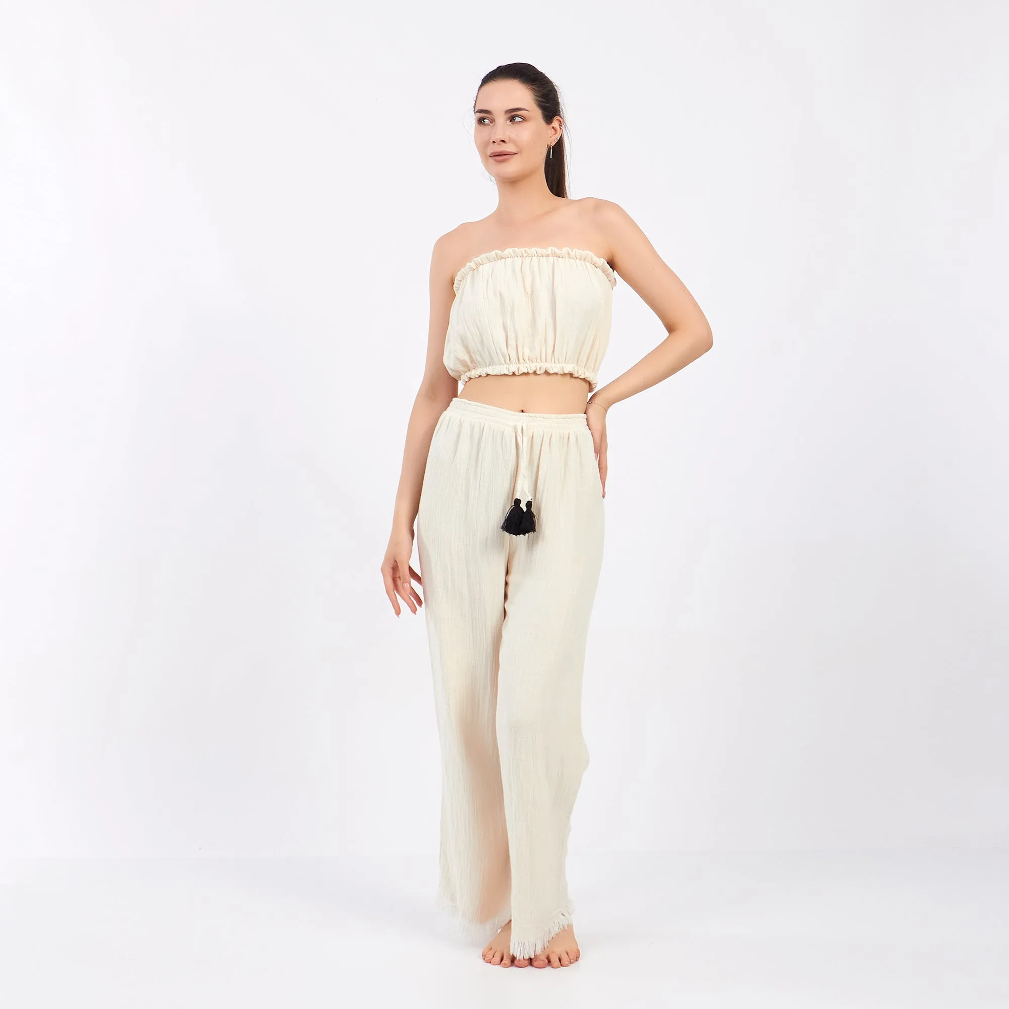 Natural Cotton Bustier Blouse Pants Set