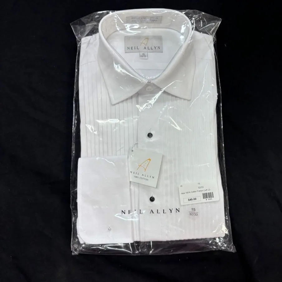 New White 100% Cotton French Cuff Pleated Tuxedo Shirt