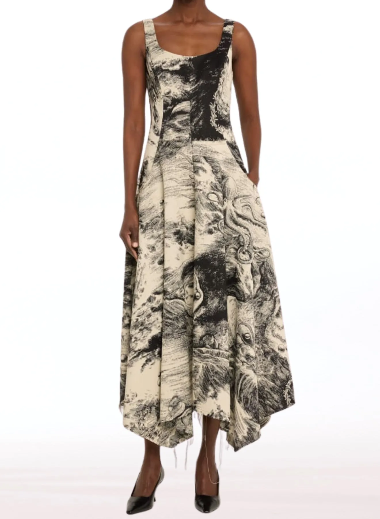 OCEANSCAPE JACQUARD TANK MAXI DRESS WITH HANDKERCHEIF HEM