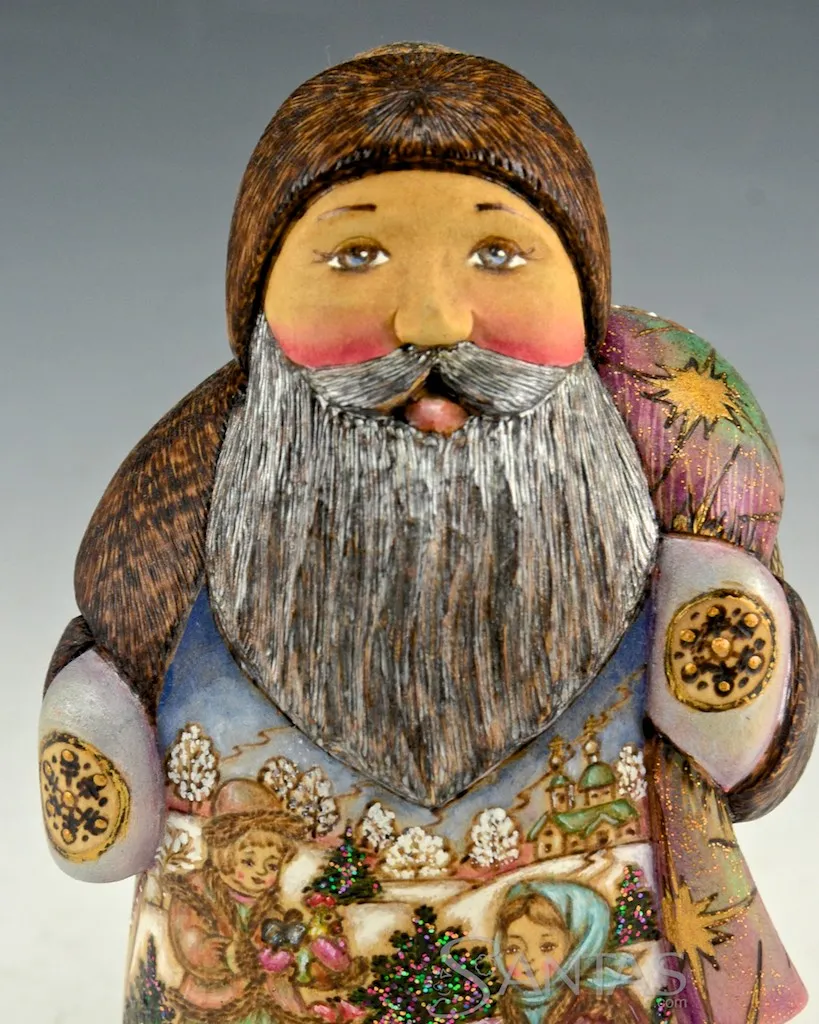 Petite Exquisitely Detailed Wood Burned Russian Santa -blue