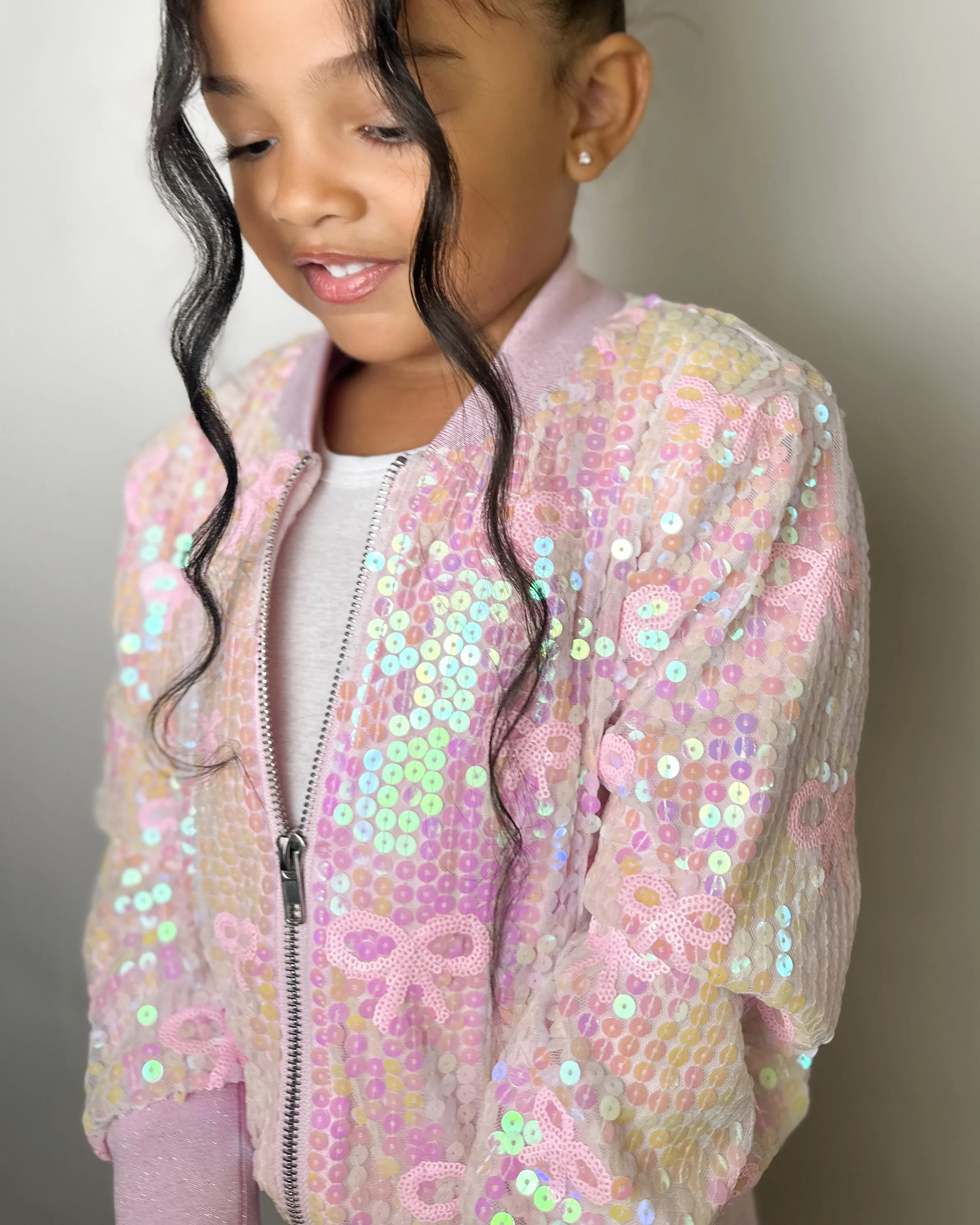 Pink Bow Sequin Bomber Jacket