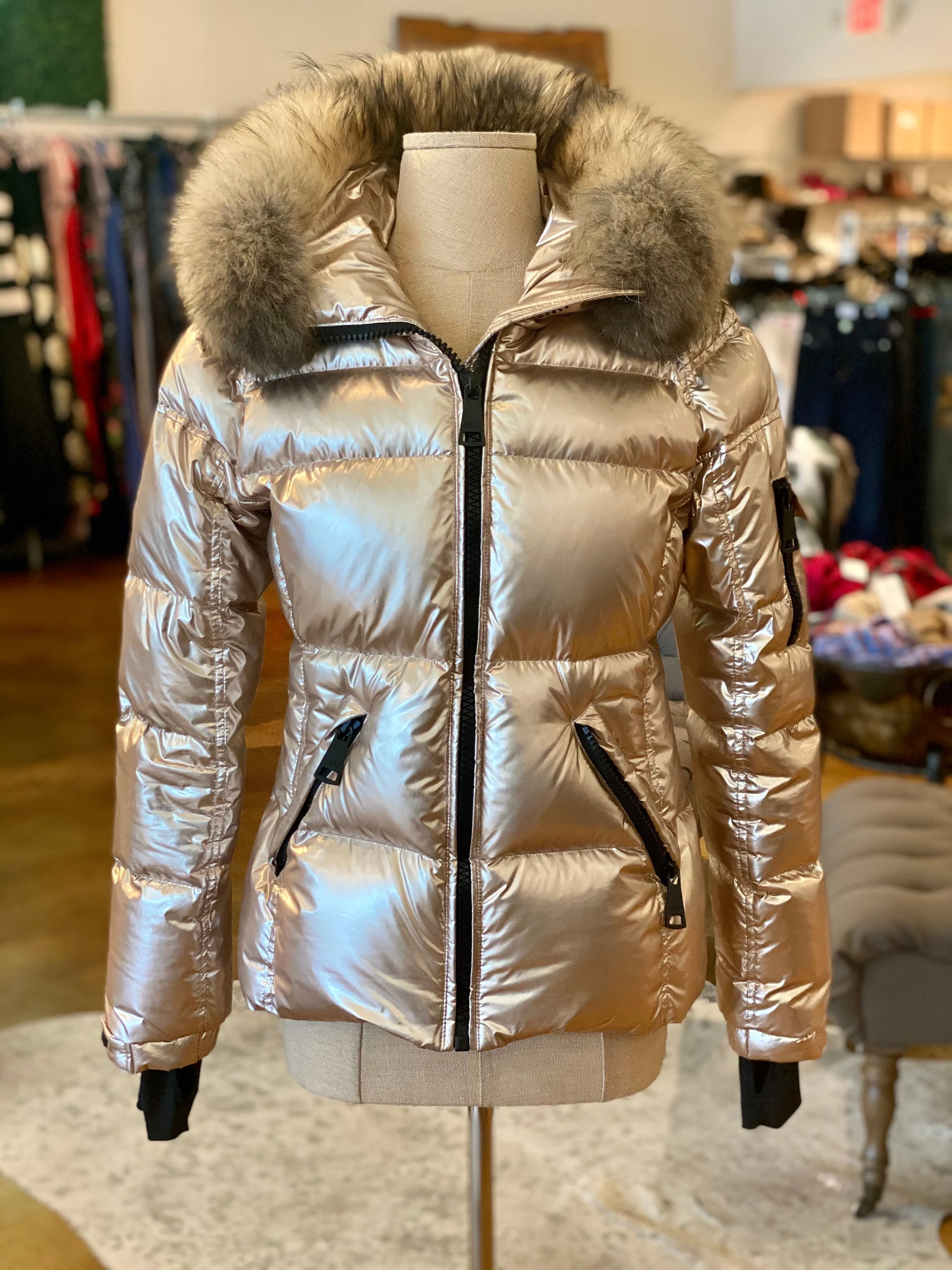 SAM Metallic Fur Trim Hood Puffer Coat