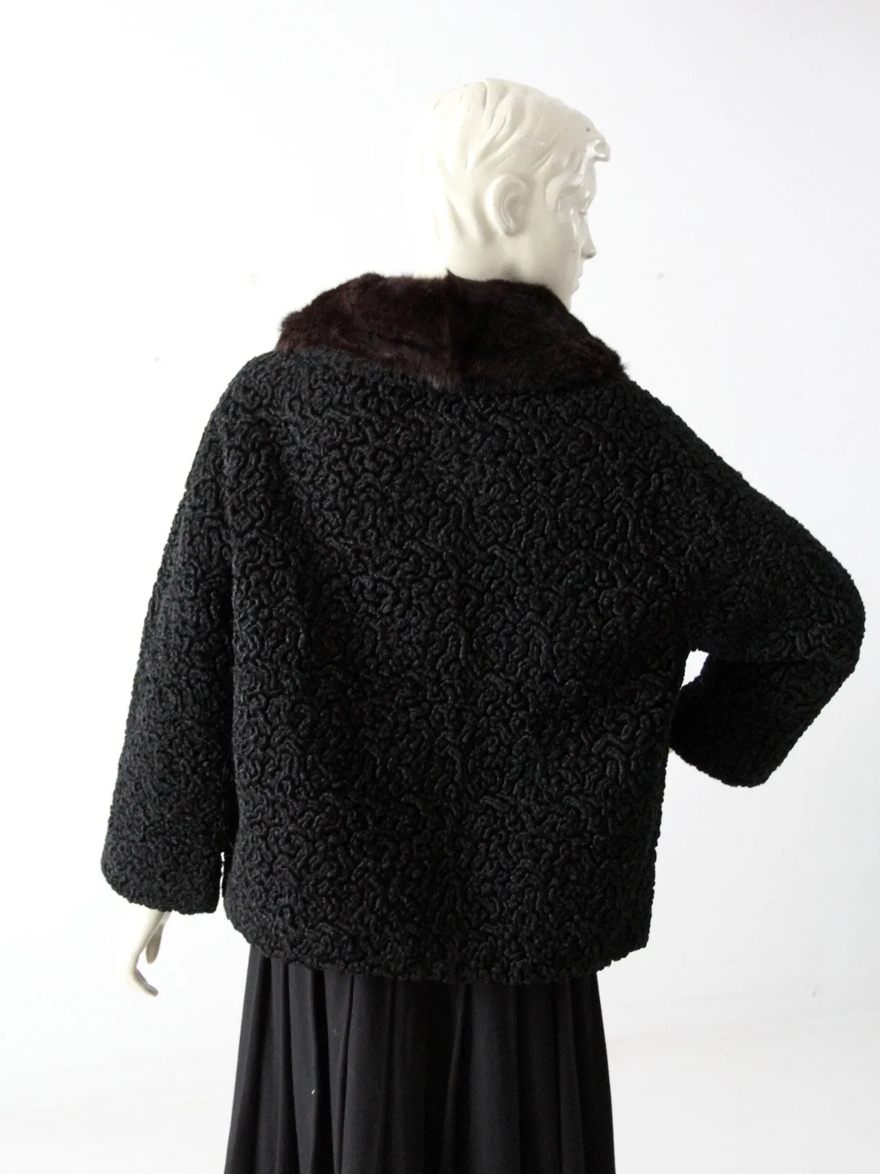 vintage 50s faux Persian lamb coat with fur trim