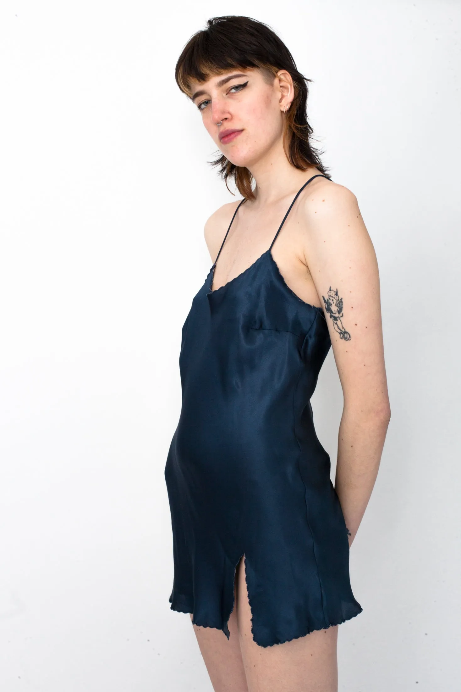 Vintage 90s Navy Blue Satin Slip Dress