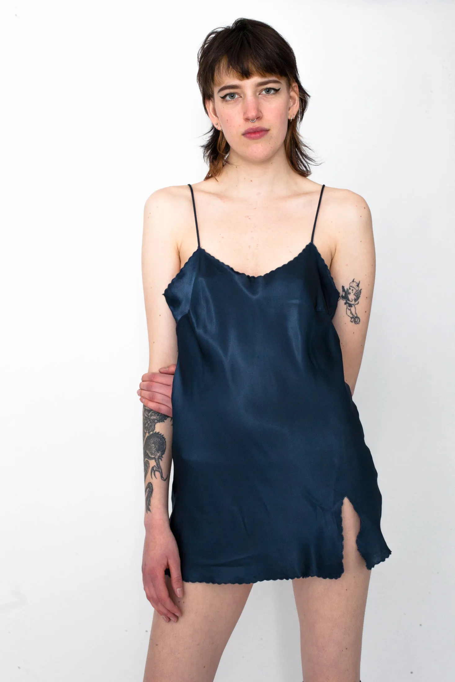 Vintage 90s Navy Blue Satin Slip Dress