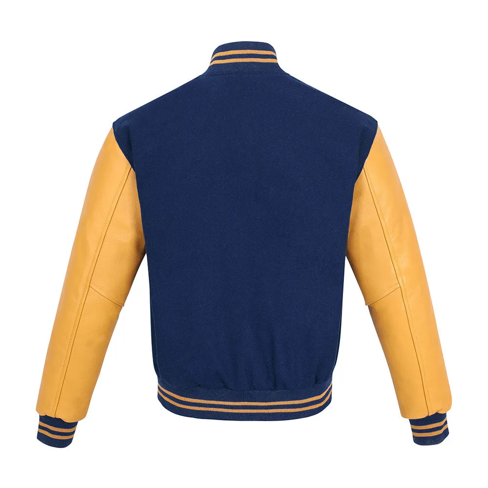 Warrior Gears Classic Hybrid Varsity Jacket for Kids, Toddler Letterman Bomber Jacket for Boys, Unisex Varsity Jacket Girls, Navy Blue Pure Wool Body & Goldish Yellow Cowhide Leather Sleeves