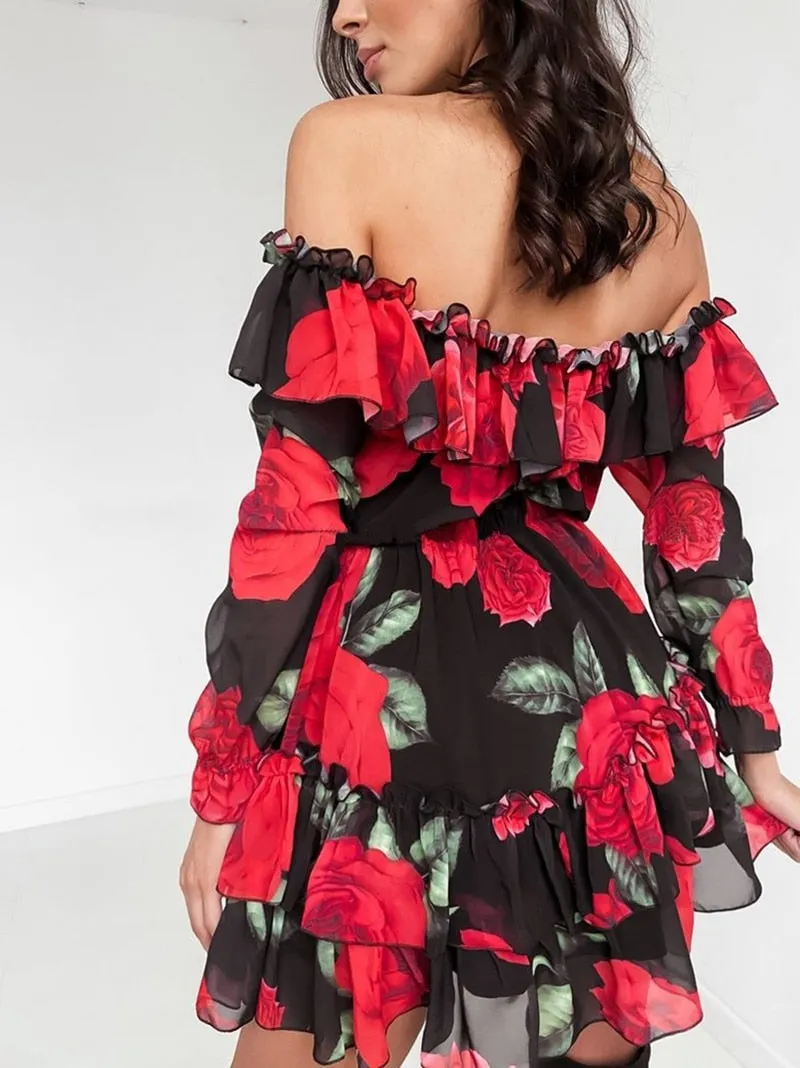 Women Off Shoulder Ruffles Flower Print Long Sleeve Elegant Party Dress Chiffon