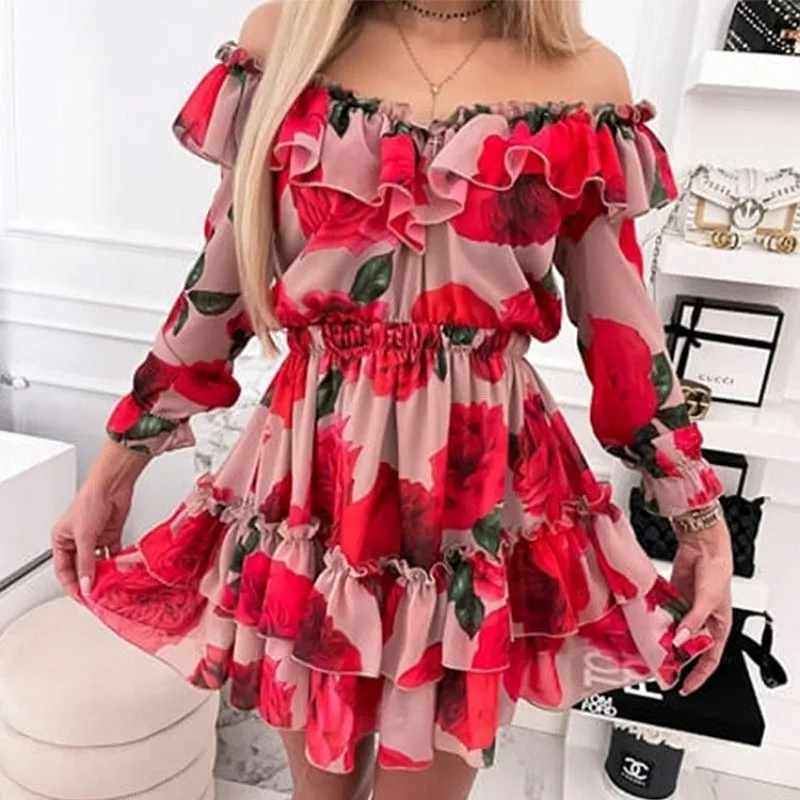 Women Off Shoulder Ruffles Flower Print Long Sleeve Elegant Party Dress Chiffon