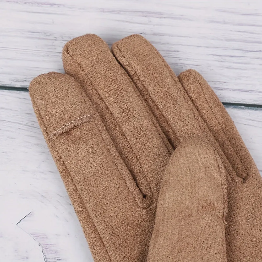 Women's Touchscreen-Compatible Suede Gloves With Chain Detail - Casual, Non-Stretch, Solid Color, Knit Design For Casual Attire