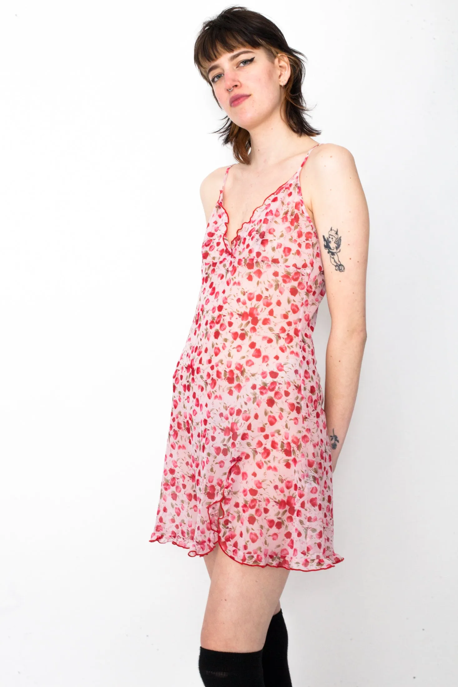 Y2K Pink Tulips Mesh Slip Dress